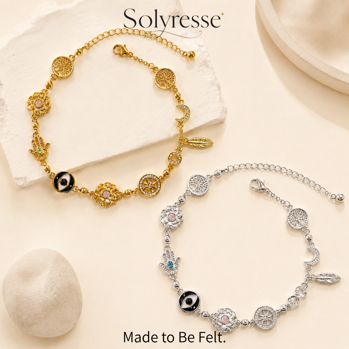 Solyresse 18K Gold Plated & Silver Plated Multi-Charm Bracelet & Anklet for Women - Adjustable Tree of Life, Hamsa Hand, Evil Eye & Moon Symbol Jewelry - Vintage Boho Style