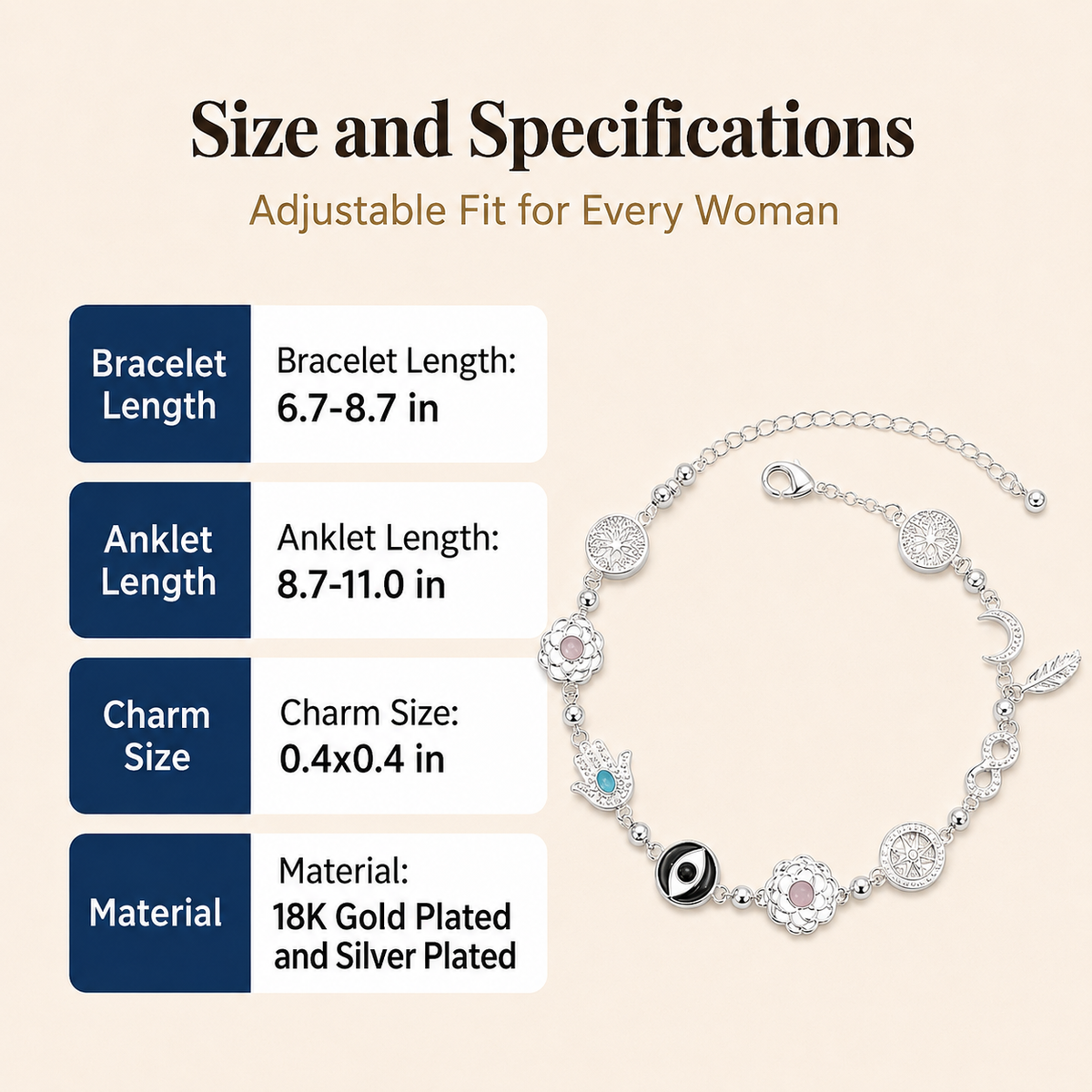 Solyresse 18K Gold Plated & Silver Plated Multi-Charm Bracelet & Anklet for Women - Adjustable Tree of Life, Hamsa Hand, Evil Eye & Moon Symbol Jewelry - Vintage Boho Style
